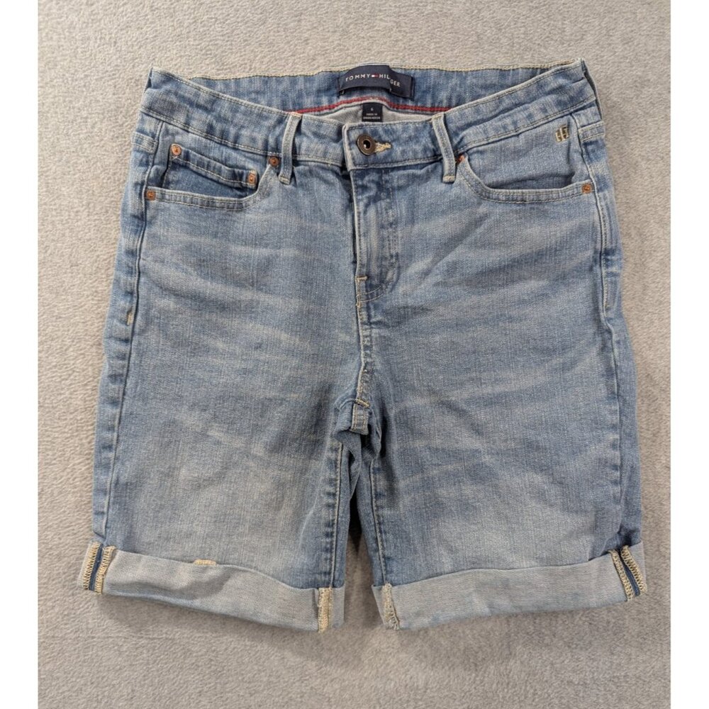 Tommy Hilfiger Denim Shorts Womens SZ 6 Blue whiskers Bermuda Rolled Cuffs Boho - Picture 1 of 14